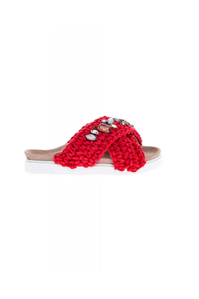 Mule Inuikii rouge avec bandes en crochet avec strass pour femme