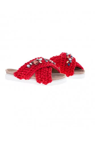 Mule Inuikii rouge avec bandes en crochet avec strass pour femme