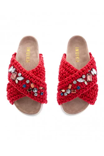 Mule Inuikii rouge avec bandes en crochet avec strass pour femme