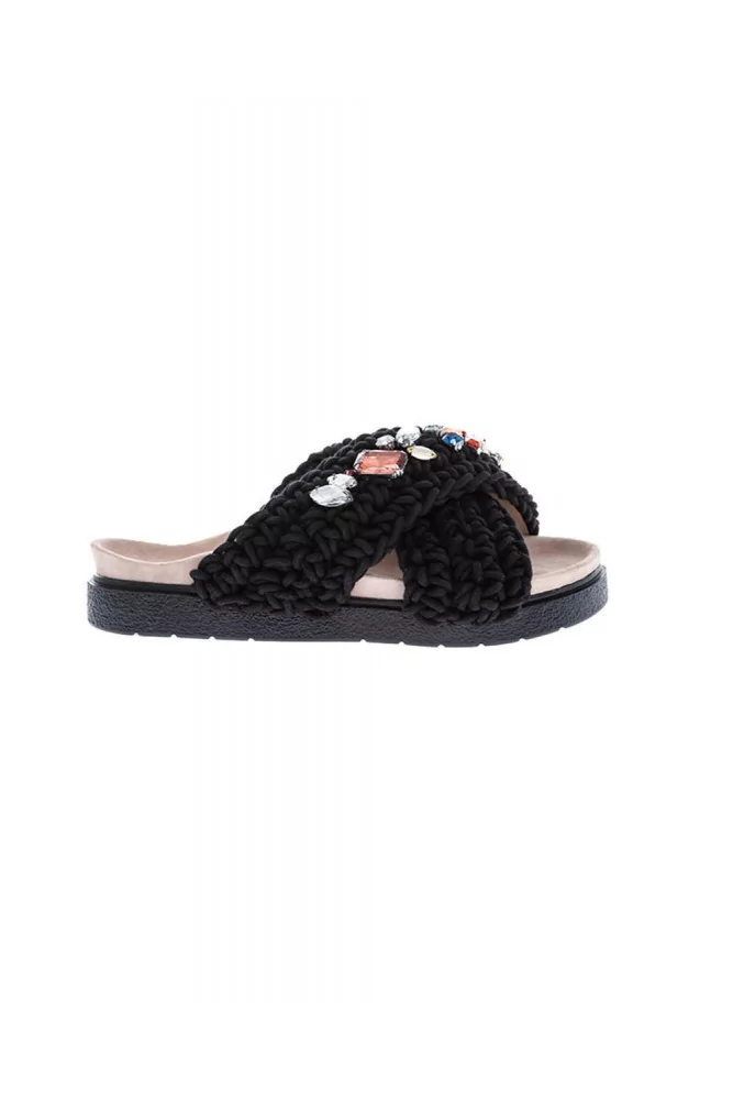 Mule Inuikii noir avec bandes croisées en tricot avec strass pour femme