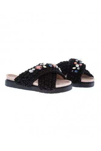 Mule Inuikii noir avec bandes croisées en tricot avec strass pour femme