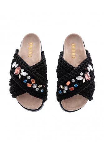 Mule Inuikii noir avec bandes croisées en tricot avec strass pour femme