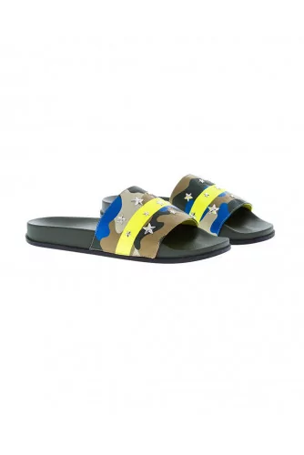 Khaki and yellow beach mules with camouflage print Jacques Loup for men