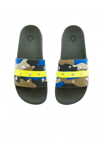 Khaki and yellow beach mules with camouflage print Jacques Loup for men