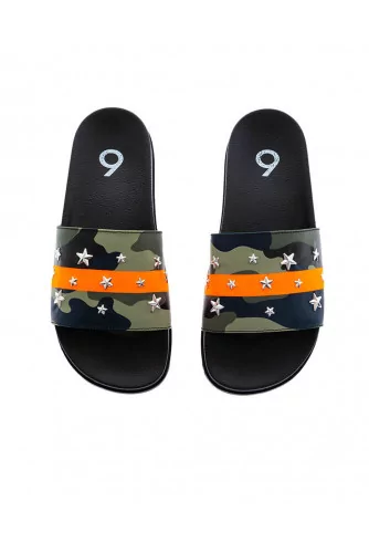Khaki and orange beach mules camouflage print Jacques Loup for men