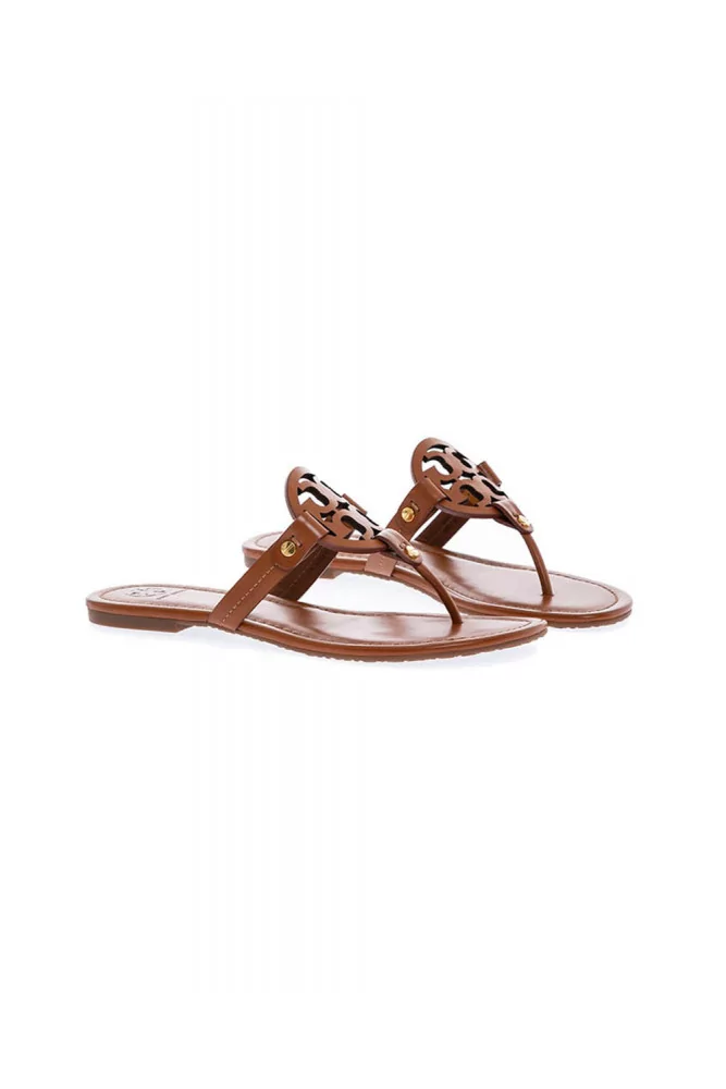 Miller of Tory Burch - Camel colored toe thong mules with cut out logo for  women