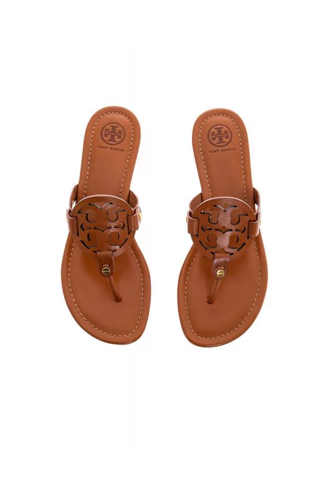Miller of Tory Burch - Camel colored toe thong mules with cut out logo for  women