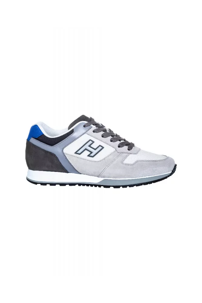 H321 of - Calf and split leather grey and white sneakers blue buttress for men