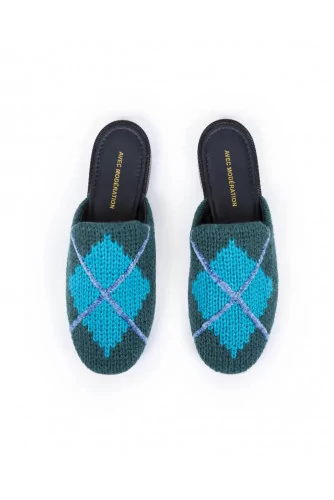 Outdoor flat mule "Avec Modération" green with blue square for women