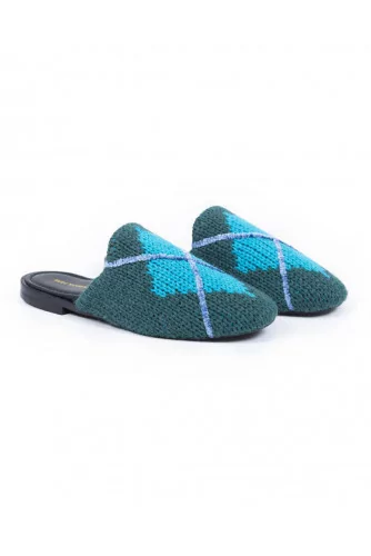 Outdoor flat mule "Avec Modération" green with blue square for women