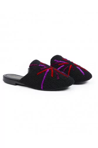 Outdoor flat mule "Avec Modération" black with multicolor design for women