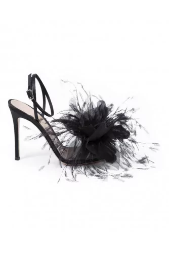 High heeled satin sandals with feathers