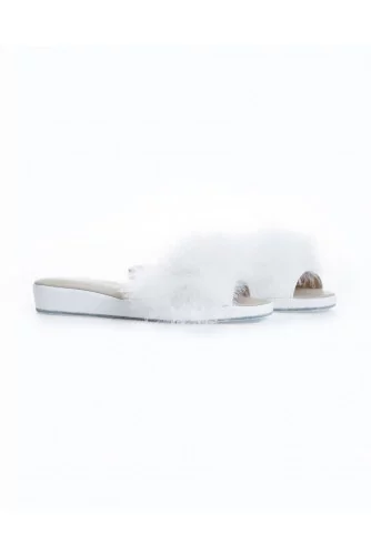 Indoor mule Jacques Loup white with open toe and feathers for women