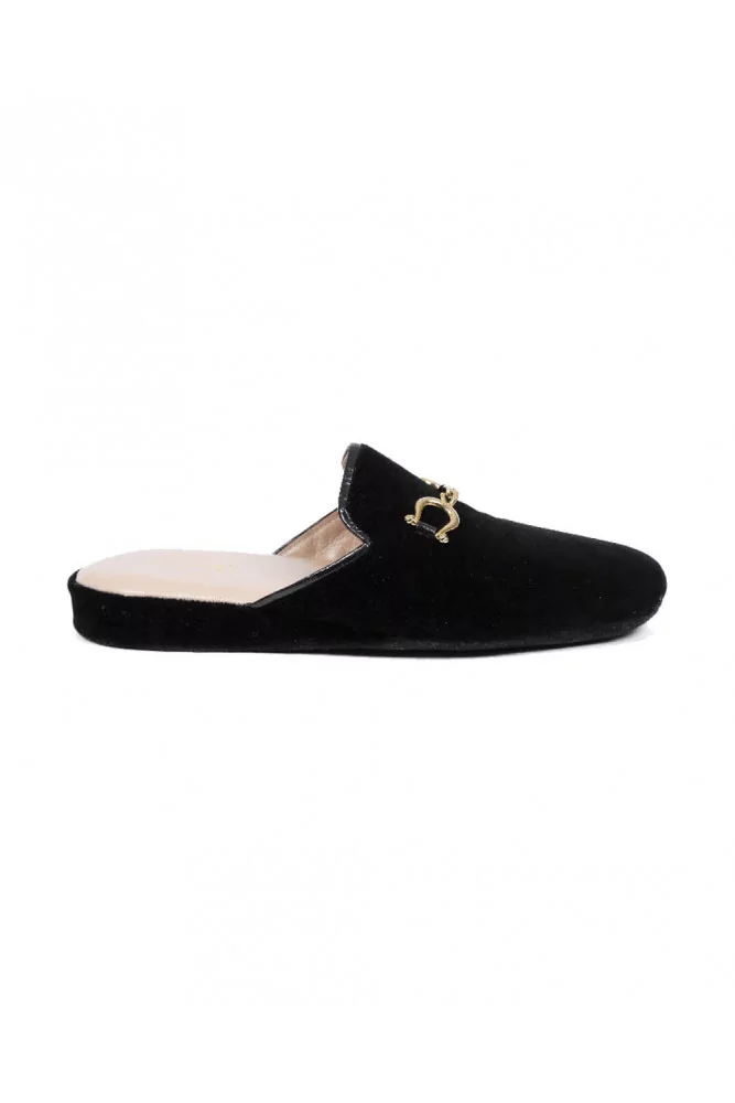 Jacqueline of Line Loup - Black velvet indoor mules with gold colored ...