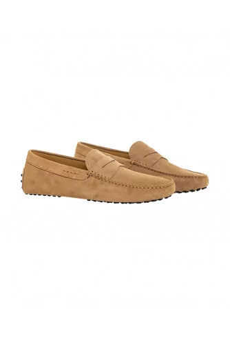 Mocassin Tod's daim taupe avec patte, bordure cuir pour homme