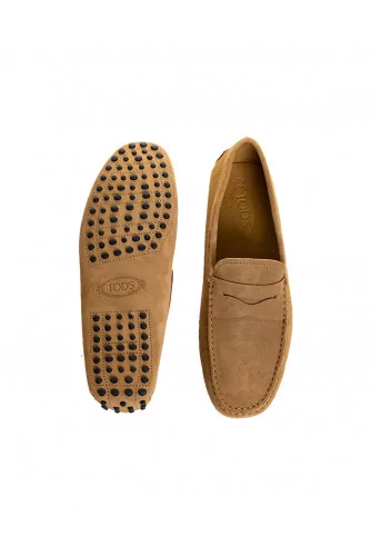 Mocassin Tod's daim taupe avec patte, bordure cuir pour homme