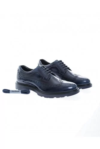 Derby Hogan "Route" bleu patiné veau glacé bout fleuri, semelle gomme noir homme