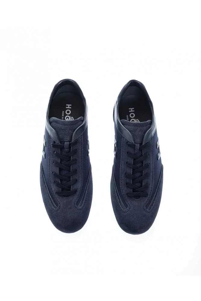 Olympia de Hogan Baskets bleu marine en croute de cuir et toile H floque semelle fine pour homme