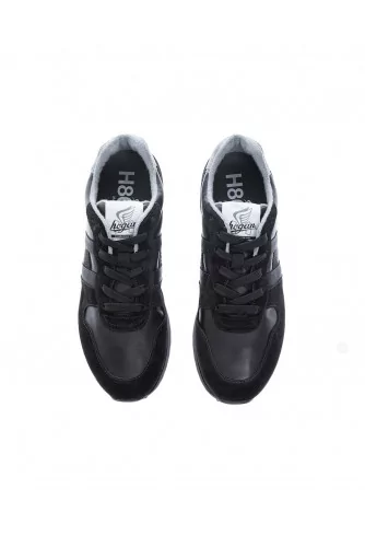 "Running 383" black split leather nappa sneakers with ribbon H