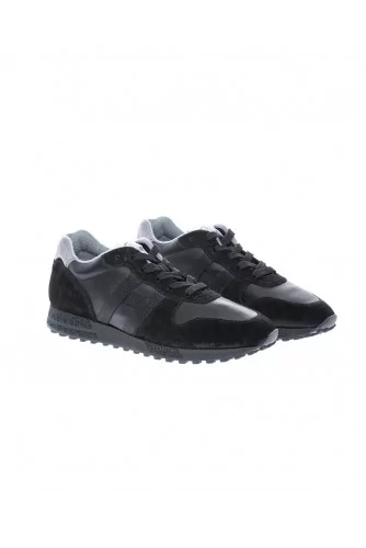 "Running 383" black split leather nappa sneakers with ribbon H