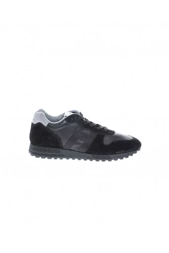 "Running 383" black split leather nappa sneakers with ribbon H