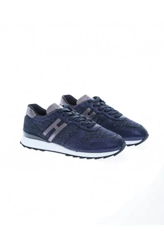 Tennis Hogan "Running 261" bleu marine, veau métal-tweed, pour femme