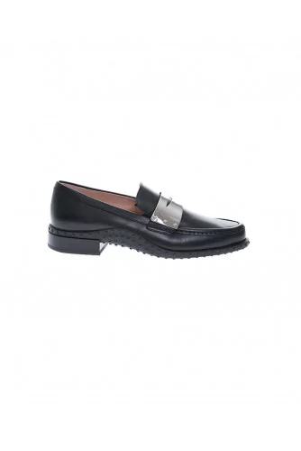 Black patina calf leather moccasin with metal plate detail