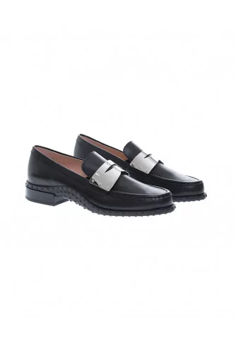 Black patina calf leather moccasin with metal plate detail