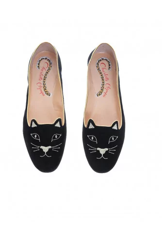 Ballerines en velours avec broderie "Petit chat"