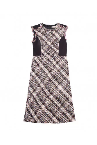 Sleeveless tweed dress with stretch yokes