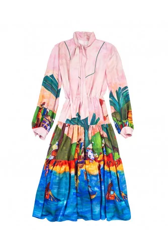 Dress with Gauguin print and high collar LS