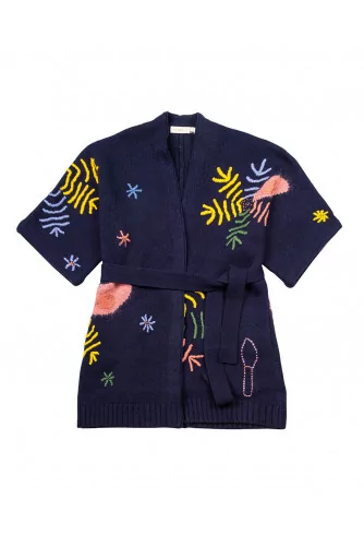 Navy blue cardigan with embroideries for women