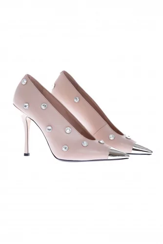 Leather pumps with crystal-embellished and silver-tone metal toe-cap 100