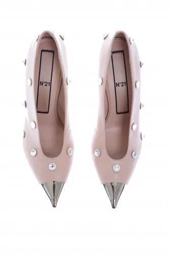 Leather pumps with crystal-embellished and silver-tone metal toe-cap 100