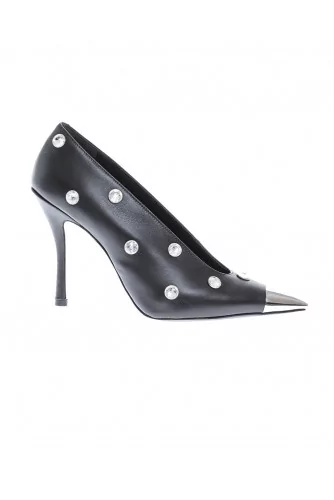 Leather pumps with crystal-embellished and metal cap toe 100