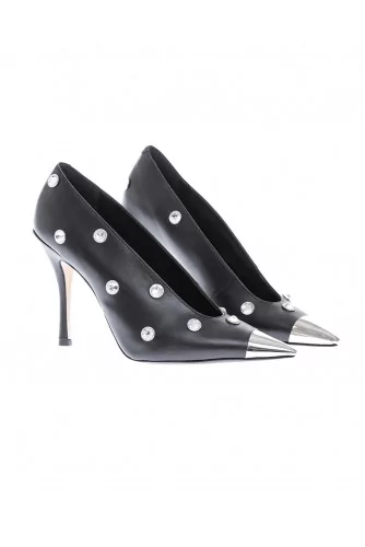 Leather pumps with crystal-embellished and metal cap toe 100