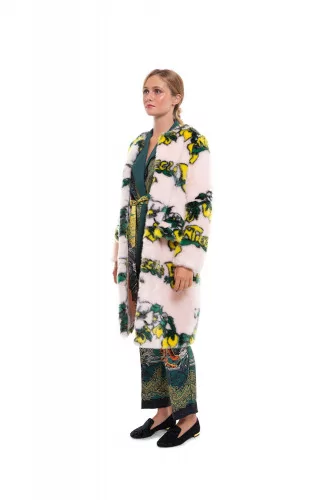 Fake fur coat with floral print