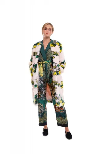 Fake fur coat with floral print