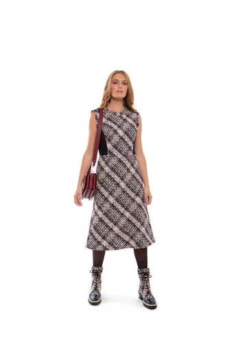 Sleeveless tweed dress with stretch yokes