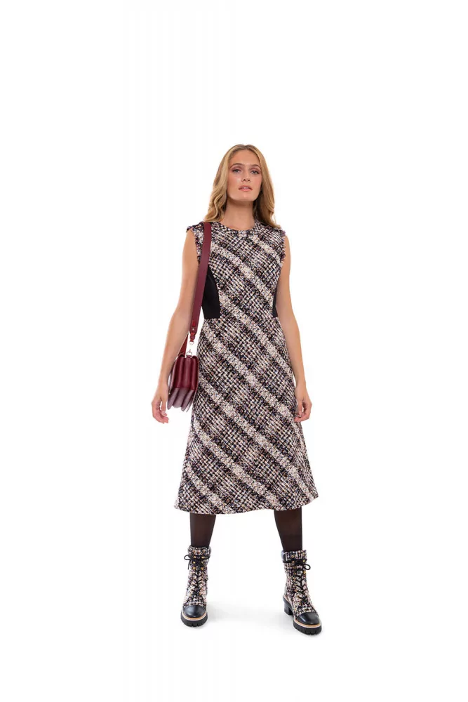 Sleeveless tweed dress with stretch yokes