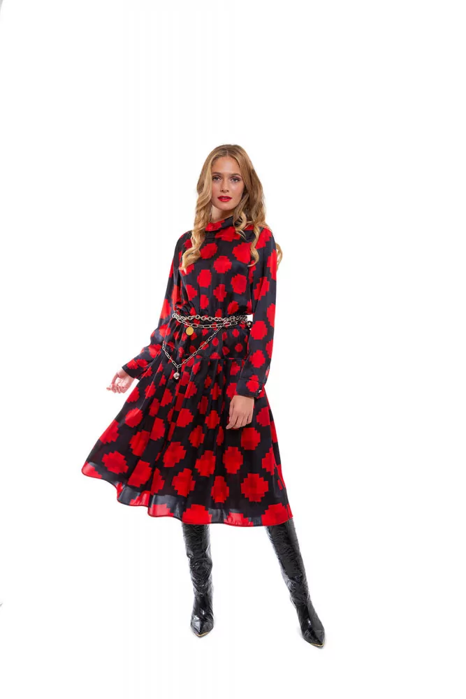 Marni - Robe avec petit col et imprimé pixels ML 44 noir/rouge