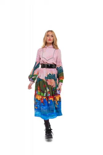Dress with "Gauguin" print and high collar