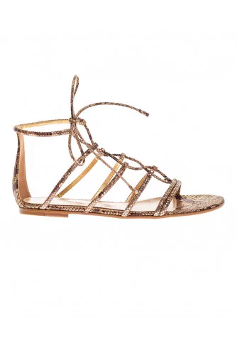 Flat suede sandals with lashes and python print