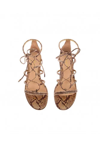 Flat suede sandals with lashes and python print