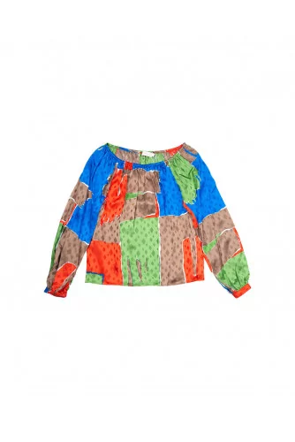 Silk top with colorful square print