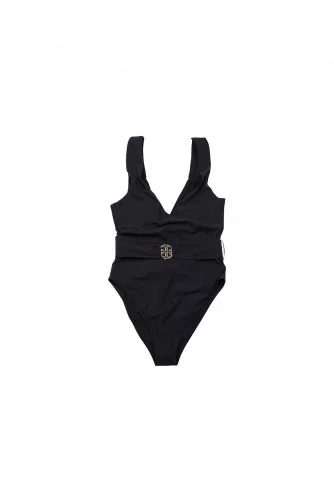 Bathing suit with draped belt and logo closing