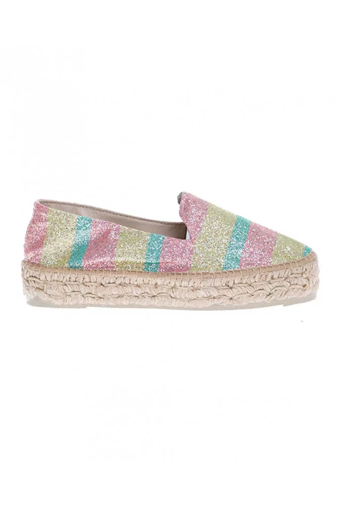 Manebi pour Jacques Loup - Mocassins sans gêne en tissu pailleté et semelle compensée 30 35 rose