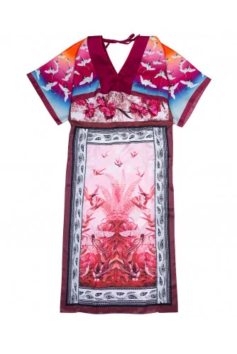 Silk twill dress kimono style with animal print