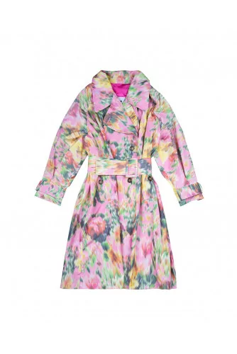 Oversized trench with impressionist floral design