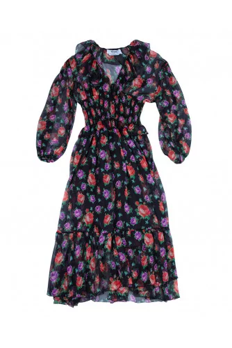 Chiffon dress with smock at the waist and floral print LS
